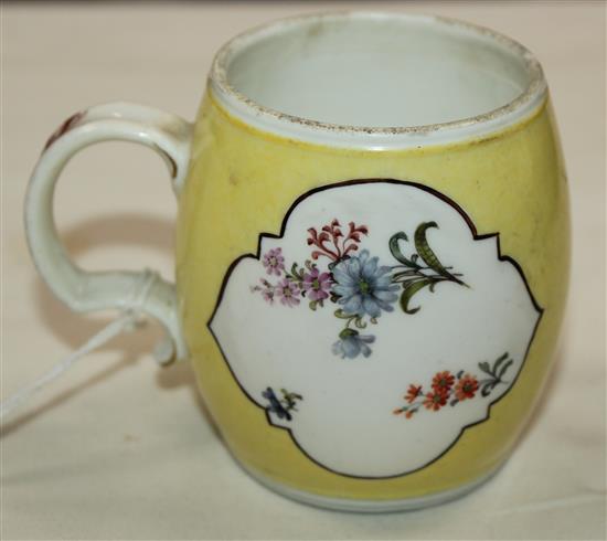 A Meissen yellow ground barrel shaped mustard pot, mid 18th century, height 2.75in.